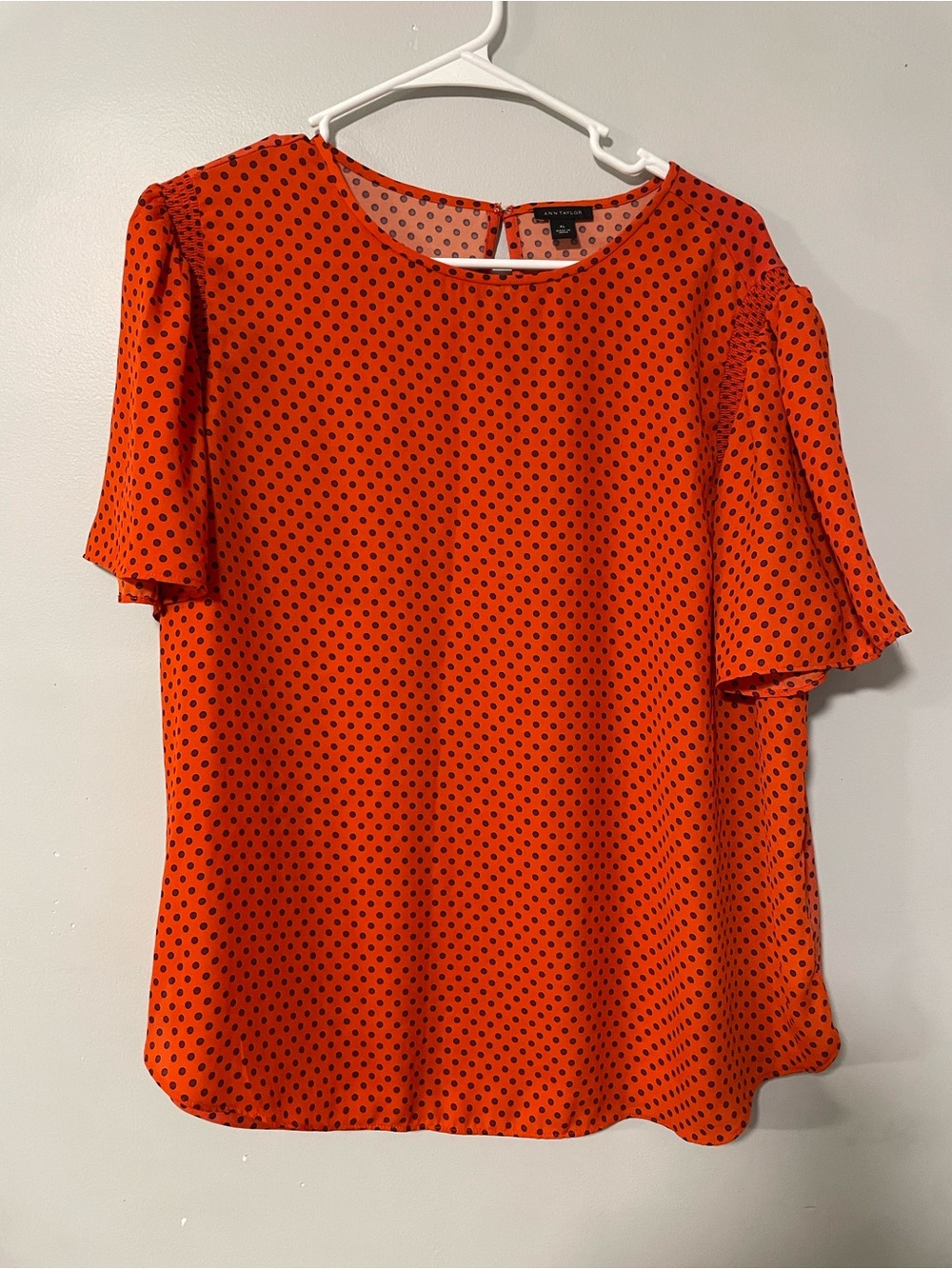 Ann Taylor Orange Blouse with Black Polka Dots